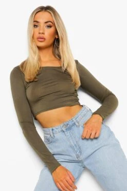 Basic Crop Top Mit Langen Ärmeln -Deutschland Mode Pfiff Verkaufs-Shop azz50411 khaki xl 3