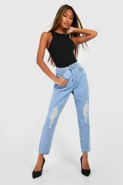 Mom-Jeans Mit Hohem Bund Und Riss Am Knie