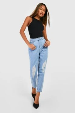 Mom-Jeans Mit Hohem Bund Und Riss Am Knie -Deutschland Mode Pfiff Verkaufs-Shop fzz12913 light20blue xl 2