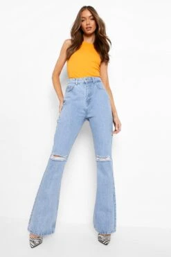 Zerrissene Bootcut Jeans Mit Hohem Bund