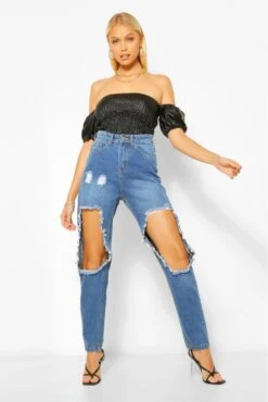 Denim Mom Jeans Mit Extrem Zerrissenem Kniebereich