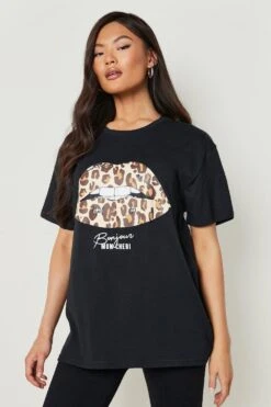 T-Shirt Mit Leopardenprint Lippen-Slogan