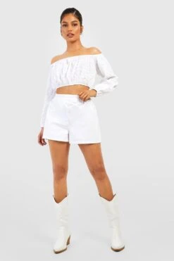 Strukturiertes Bardot Crop Top -Deutschland Mode Pfiff Verkaufs-Shop gzz00757 white xl 2