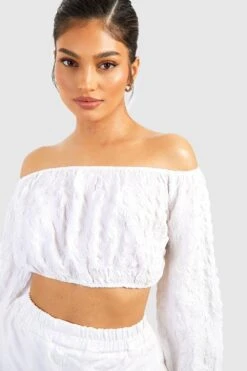 Strukturiertes Bardot Crop Top -Deutschland Mode Pfiff Verkaufs-Shop gzz00757 white xl 3
