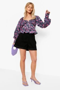 Florales Oberteil Mit Volumenärmeln -Deutschland Mode Pfiff Verkaufs-Shop gzz00835 black xl 2