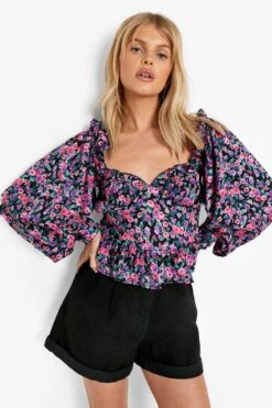 Florales Oberteil Mit Volumenärmeln -Deutschland Mode Pfiff Verkaufs-Shop gzz00835 black xl 3