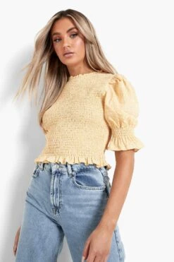 Gerafftes Crop Top Mit Punkten Und Puffärmeln