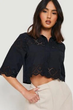 Kurzes Hemd Mit Lochmuster-Detail 7 Kurzes Hemd Mit Lochmuster-Detail -Deutschland Mode Pfiff Verkaufs-Shop gzz07705 black xl 3