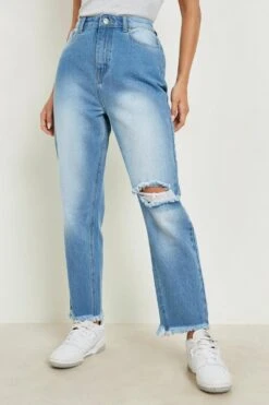 Zerrissene Mom-Jeans Mit Hohem Bund Und Ausgefranstem Saum -Deutschland Mode Pfiff Verkaufs-Shop gzz08795 mid20wash xl 2