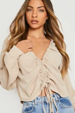 Strukturiertes Hemd Mit Volumenärmeln Und Geraffter Front -Deutschland Mode Pfiff Verkaufs-Shop gzz11675 sand xl 3