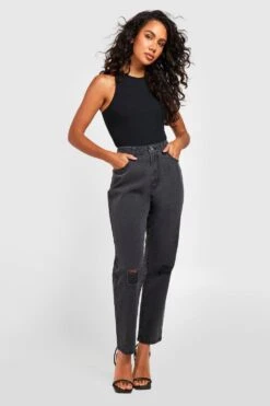 Zerrissene Mom-Jeans Mit Acid-Waschung Und Hohem Bund