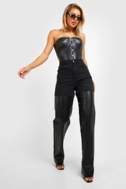 PU Beschichtete Colorblock Jeans Mit Weitem Bein