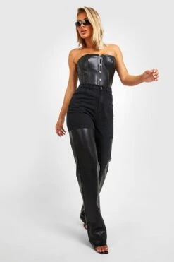 PU Beschichtete Colorblock Jeans Mit Weitem Bein -Deutschland Mode Pfiff Verkaufs-Shop gzz17642 black xl 3