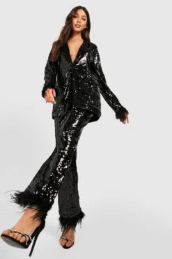 Pailletten-Hose Mit Geradem Bein Und Feder-Detail -Deutschland Mode Pfiff Verkaufs-Shop gzz21122 black xl 2