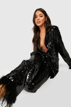 Pailletten-Hose Mit Geradem Bein Und Feder-Detail -Deutschland Mode Pfiff Verkaufs-Shop gzz21122 black xl 3