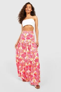 Floraler Gestufter Maxirock -Deutschland Mode Pfiff Verkaufs-Shop gzz21944 pink xl 2