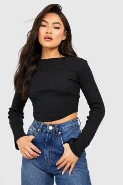 Langärmliges Geripptes Korsett Crop Top