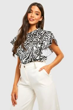Zebraprint Satin-Bluse Mit Weiten Ärmeln
