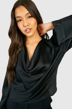 Satin-Bluse Mit Weiten Ärmeln Und Wasserfallausschnitt -Deutschland Mode Pfiff Verkaufs-Shop gzz32397 black xl 3