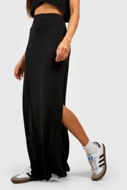 Schwarzer Basic Maxirock Mit Hohem Bund Und Schlitz -Deutschland Mode Pfiff Verkaufs-Shop gzz34403 black xl 3