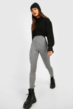 Basic Leggings Mit Hahnentritt-Print
