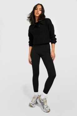 Schwarze Gerippte Basic Leggings Mit Mittelhohem Bund