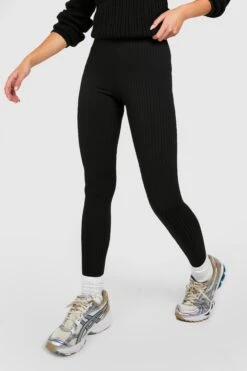 Schwarze Gerippte Basic Leggings Mit Mittelhohem Bund -Deutschland Mode Pfiff Verkaufs-Shop gzz36644 black xl 3