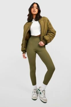 Gerippte Basic Khaki Leggings Mit Mittelhohem Bund