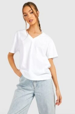 Basic T-Shirt Aus Baumwolle Mit Tiefem V-Ausschnitt