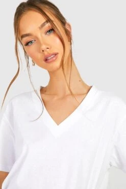 Basic T-Shirt Aus Baumwolle Mit Tiefem V-Ausschnitt -Deutschland Mode Pfiff Verkaufs-Shop gzz37421 white xl 3