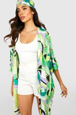 Wickel-Kimono Mit Abstraktem Print & Tuch