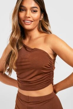 Einärmliges Strukturiertes Gerafftes Crop Top -Deutschland Mode Pfiff Verkaufs-Shop gzz37859 chocolate xl 3