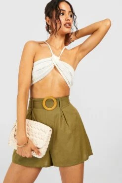 Paperbag-Shorts Aus Leinen Mit Bast-Schnalle