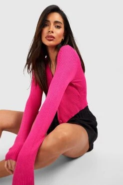 Kurzer Gerippter Strick-Cardigan 6 Kurzer Gerippter Strick-Cardigan -Deutschland Mode Pfiff Verkaufs-Shop gzz39356 hot20pink xl 2