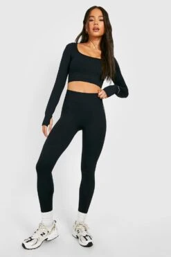 Petite Langärmliges Nahtloses Sport-Top Mit Geradem Ausschnitt -Deutschland Mode Pfiff Verkaufs-Shop gzz39963 black xl 2