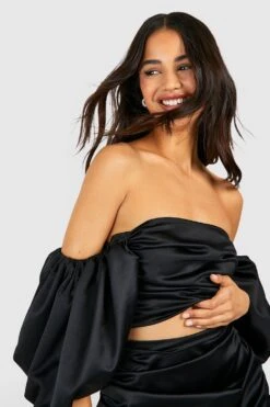 Satin Crop Top Mit Geraffter Brust Und Volumenärmeln -Deutschland Mode Pfiff Verkaufs-Shop gzz40646 black xl 2