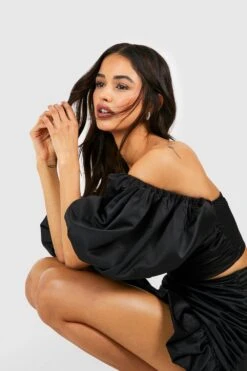 Satin Crop Top Mit Geraffter Brust Und Volumenärmeln -Deutschland Mode Pfiff Verkaufs-Shop gzz40646 black xl 3