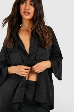 Lockeres Satin-Hemd Mit Hahnentritt-Print Und Taschen-Detail -Deutschland Mode Pfiff Verkaufs-Shop gzz40678 black xl 2