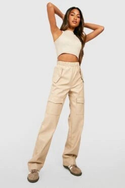 Weite Cargo-Hose In Lederoptik Mit Hohem Bund -Deutschland Mode Pfiff Verkaufs-Shop gzz41618 ecru xl 2