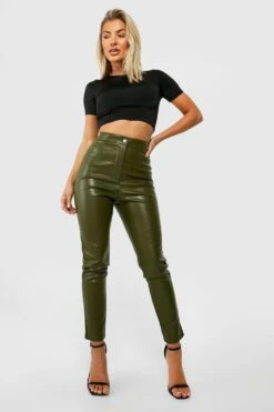 Skinny Hose In Lederoptik Mit Hohem Bund -Deutschland Mode Pfiff Verkaufs-Shop gzz43986 khaki xl 2