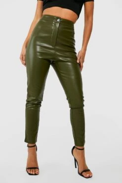 Skinny Hose In Lederoptik Mit Hohem Bund -Deutschland Mode Pfiff Verkaufs-Shop gzz43986 khaki xl 3