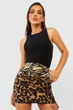 Gespleißter Geraffter Chiffon-Minirock Mit Animalprint -Deutschland Mode Pfiff Verkaufs-Shop gzz44171 brown xl 2