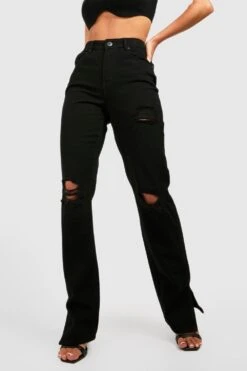 Gerade Jeans Mit Mittelhohem Bund Und Riss Am Knie -Deutschland Mode Pfiff Verkaufs-Shop gzz44741 black xl 2