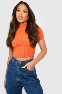 Hochgeschlossenes Geripptes Crop Top Mit Kurzen Ärmeln