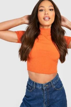 Hochgeschlossenes Geripptes Crop Top Mit Kurzen Ärmeln -Deutschland Mode Pfiff Verkaufs-Shop gzz45835 burnt20orange xl 2