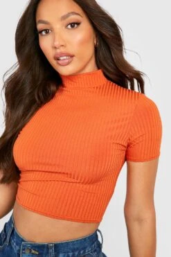 Hochgeschlossenes Geripptes Crop Top Mit Kurzen Ärmeln -Deutschland Mode Pfiff Verkaufs-Shop gzz45835 burnt20orange xl 3