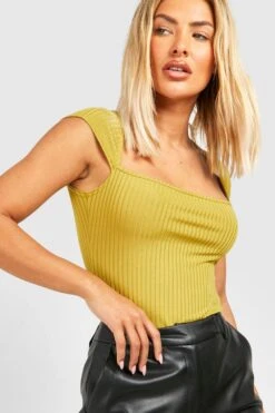 Gerippter Body Mit Geradem Ausschnitt Und Kurzen Ärmeln -Deutschland Mode Pfiff Verkaufs-Shop gzz45836 olive xl 2