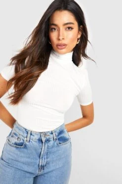 Kurzärmliger Gerippter Rollkragen-Body -Deutschland Mode Pfiff Verkaufs-Shop gzz45837 ivory xl 3