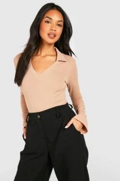 Body Aus Crepestoff Mit Geteilten Ärmeln Und Kragen -Deutschland Mode Pfiff Verkaufs-Shop gzz46359 camel xl 2