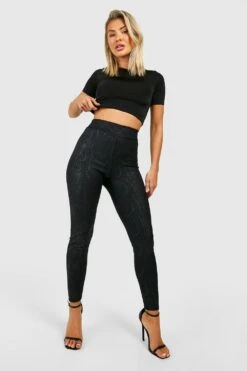 PU-beschichtete Kroko-Leggings Mit Hohem Bund